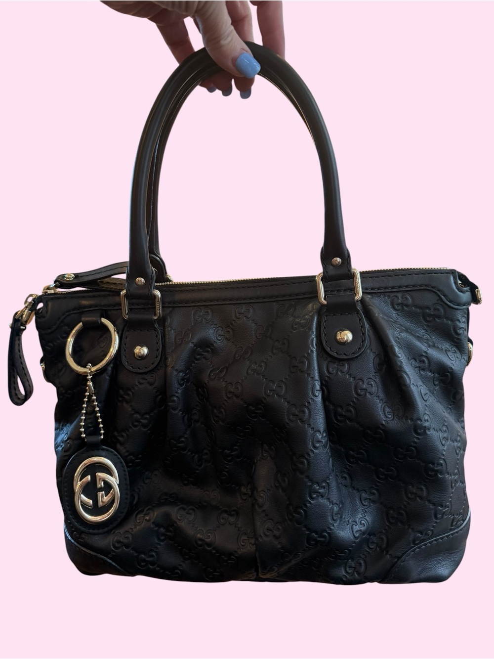 Gucci Black Embossed GG Leather Shoulder Bag with Gold-Tone Charm